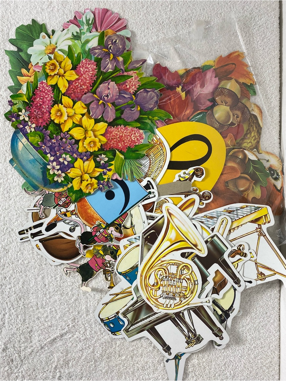 Vintage Dennison Eureka Die Cut Lot 34 Pc Flowers Squirrels Musical Instruments